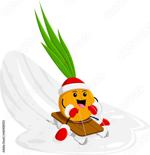 Cartoon onion vegetable character sledding on snow