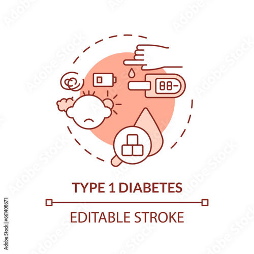 2D editable thin line icon type 1 diabetes concept, isolated monochromatic vector, red illustration representing parenting children with health issues.