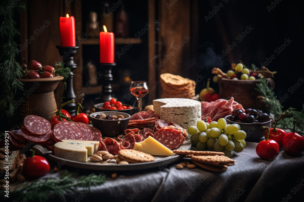 Christmas snacks assortment of cheese and meat appetizers Christmas table decor snack arrangements Christmas snacks assortment of cheese and meat appetizers Christmas table decor snack arrangements