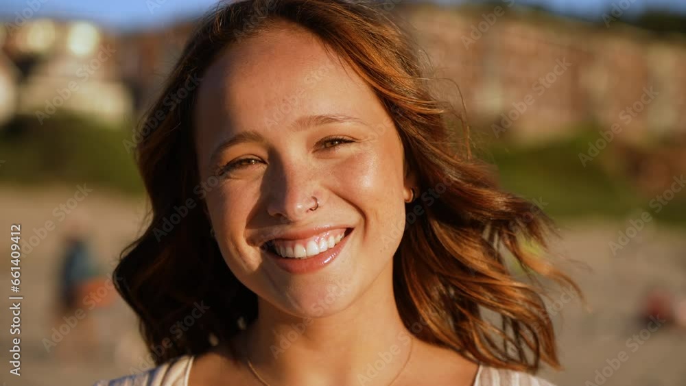 Slow motion close-up bokeh shot of a beautiful woman smiling at Canon Beach Slow motion close-up bokeh shot of a beautiful woman smiling at Canon Beach