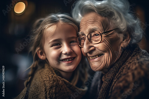 portrait of a girl hugging her grandmother and laughing © Hector Pertuz