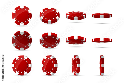 Set of red casino poker chip in different, various position. Collection of diamonds, hearts, clubs, spades tokens. Raise money. Play roulette. Isolated on white background. Vector illustration
