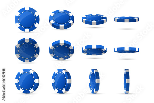 Set of blue casino poker chip in different, various position. Collection of diamonds, hearts, clubs, spades tokens. Raise money. Play roulette. Isolated on white background. Vector illustration