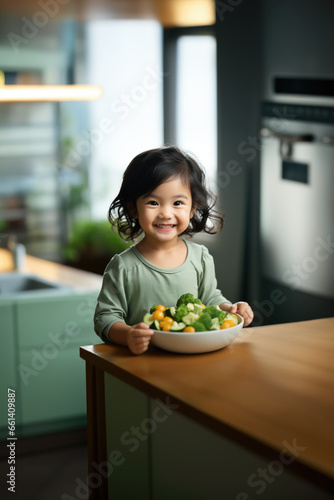 Enfant asiatique souriant qui mange un repas sain et équilibré. © Beboy