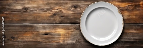 Rustic elegance. Empty white plate on vintage wooden table top view. Dining awaits with copy space