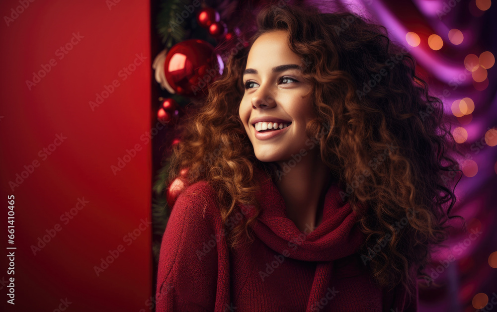 Laughing beauty girl with color clothes on Christmas background. Laughing beauty girl with color clothes on Christmas background.