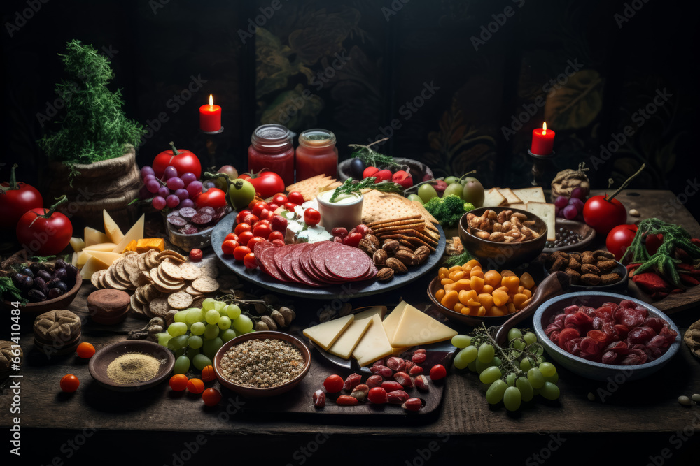 Christmas snacks assortment of cheese and meat appetizers Christmas table decor snack arrangements