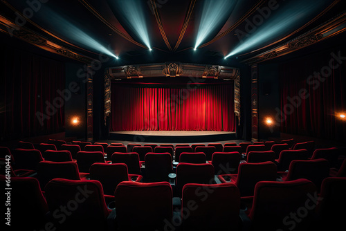 Empty of cinema in blue color with white blank screen, the auditorium in a movie theater with red leather seats