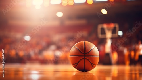 Basketball ball lying on floor on sport arena, stadium with sun light coming from windows. Blurred background with sport fans. Sport, game