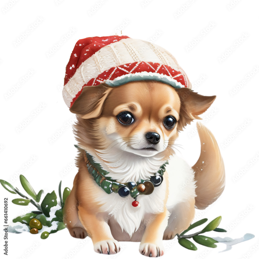watercolor chihuahua puppy with christmas hat clipart,Watercolor chihuahua art