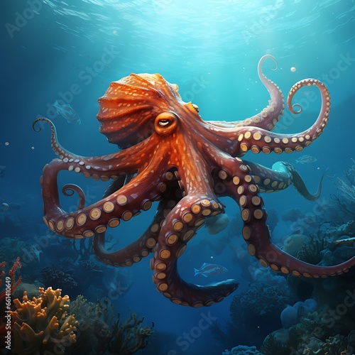 Octopus in the Red Sea. 3D illustration. Toned.