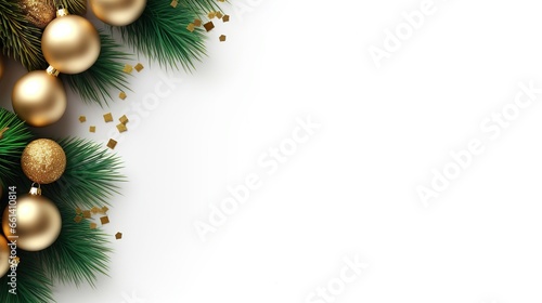 Spruce branches  cones and Christmas decoration gold ball isolated white background.AI generated