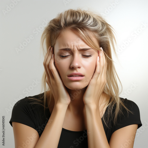 Young blonde woman with headache holding her head, against light background. emotions of pain, unwillingness to listen to anything
