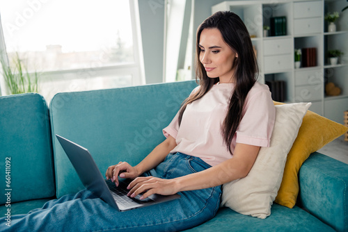 Photo of peaceful pretty lady sitting couch use wireless netbook networking modern apartment inside