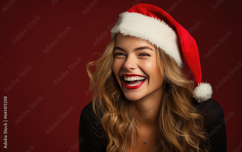 Laughing beauty girl wearing Santa red hat and color clothes celebrating Christmas on solid color background. Laughing beauty girl wearing Santa red hat and color clothes celebrating Christmas on solid color background.