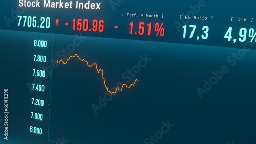 Stock market index moving down. Falling stock market, losing money. Bear market, crisis, stock market crash, reduction, investment, trading, business.