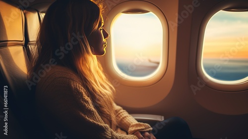 A young modern cute woman in the passenger seat looks out the windows of the airplane. girl traveler flies on a plane AI. photo