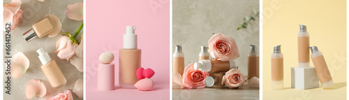 A collage of photos with a tonal product in a glass bottle, for make-up