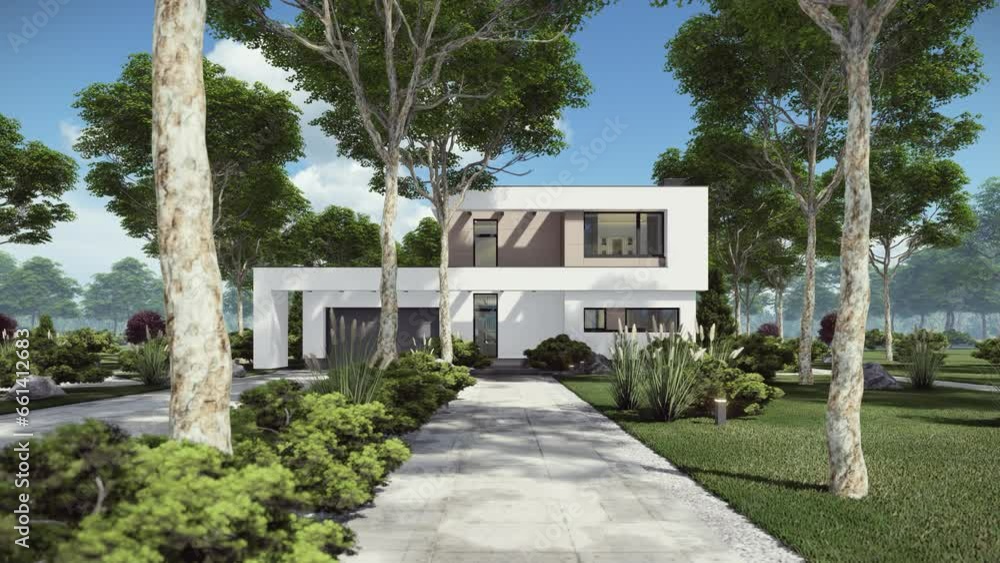 4K video rendering of modern cozy house with pool and garage for sale or rent in luxurious style and beautiful landscaping on background. Summer sunny day with clear blue sky. 4K video rendering of modern cozy house with pool and garage for sale or rent in luxurious style and beautiful landscaping on background. Summer sunny day with clear blue sky.