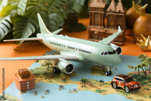 A top-down perspective capturing an aircraft amidst travel essentials and palm trees in a flat lay arrangement, Generative AI