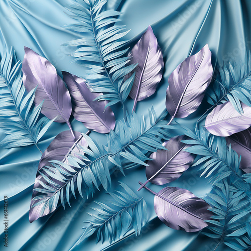 Modern background with blue and purple palmn and plant leaves at draped fabric photo