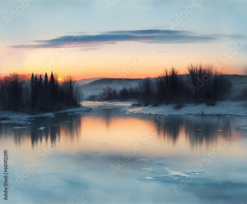 Watercolor winter landscape with a river covered with ice