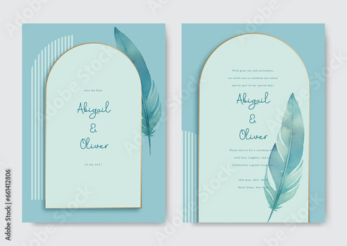 Blue simple fur at frame hand painting on wedding invitation card