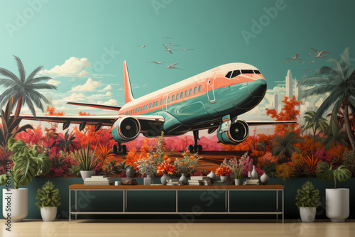 An immersive banner presenting an aircraft paired with leisure-themed elements and palm trees in a flat lay composition, Generative AI