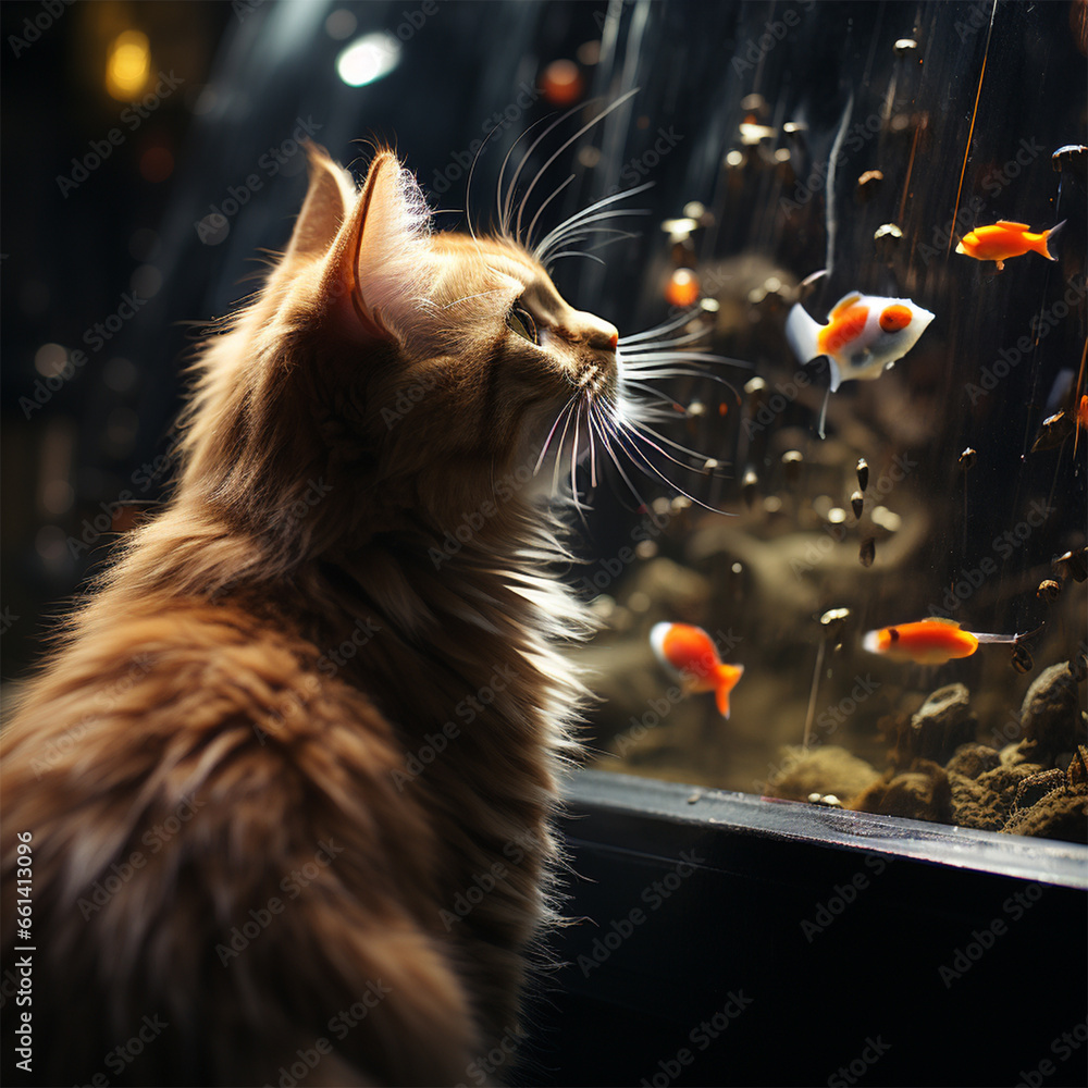 the cat carefully watches the beautiful red fish in the aquarium. 
