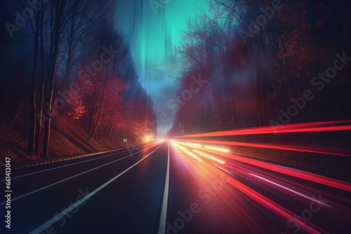 Nighttime Traffic Trails: Long Exposure Street Image of Vibrant Traffic Light Trails - Created using generative AI tools 