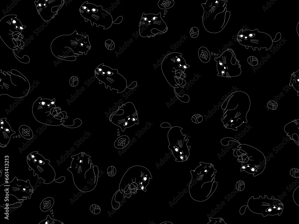 Nice cat pattern on black background. Cute seamless pattern of domestic cats on a black background. Vector graphics. Illustration with kitty Nice cat pattern on black background. Cute seamless pattern of domestic cats on a black background. Vector graphics. Illustration with kitty
