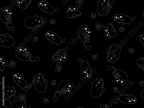 Nice cat pattern on black background. Cute seamless pattern of domestic cats on a black background. Vector graphics. Illustration with kitty