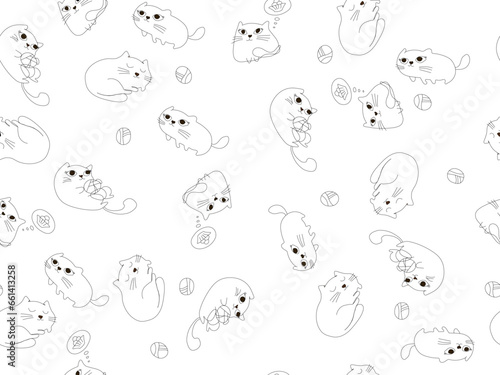 Funny cat pattern on a white background. A pattern depicting kittens in different poses on a white background. Vector graphics. Cute EPS 10 illustration