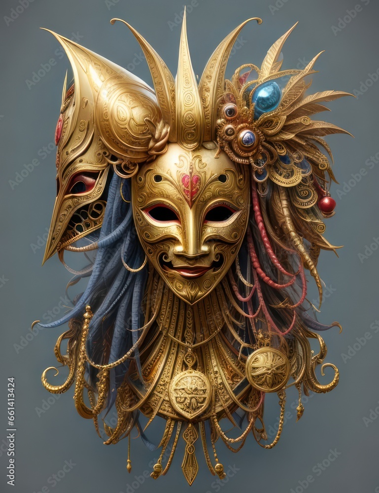 Golden Venetian mask with feathers and beads on a gray background. Golden Venetian mask with feathers and beads on a gray background.