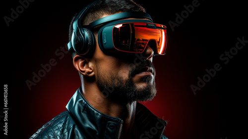 Hombre con gafas de realidad virtual. Disfrutando del metaverso.