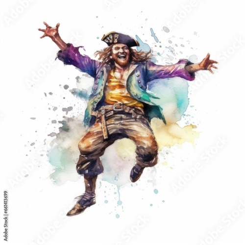 Illustrations in a watercolor style for the design of invitation cards for a children's birthday party in the theme of Pirate Treasures: Male pirate happy jumping © OlgaChan