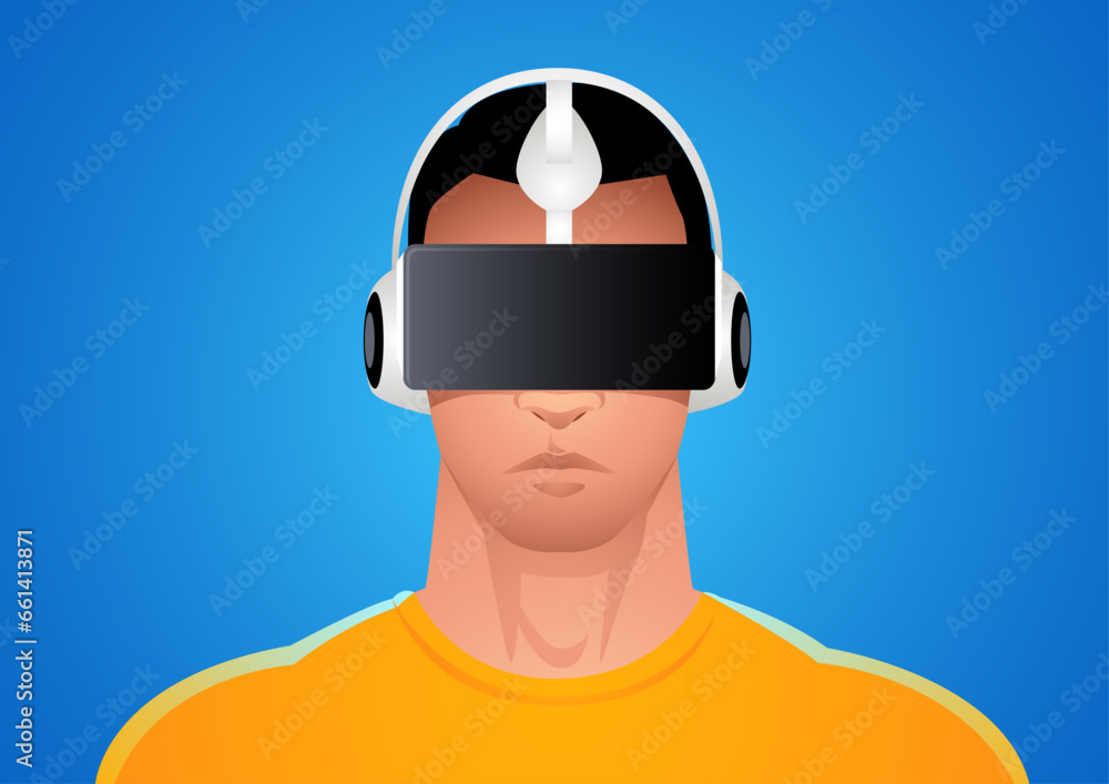 Illustration of a man in virtual reality goggles against a blue backdrop, explore the boundless possibilities of technology and imagination that speaks of innovation and tomorrow's promises