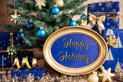 Golden Frame With Text Happy Holidays  Christmas Background