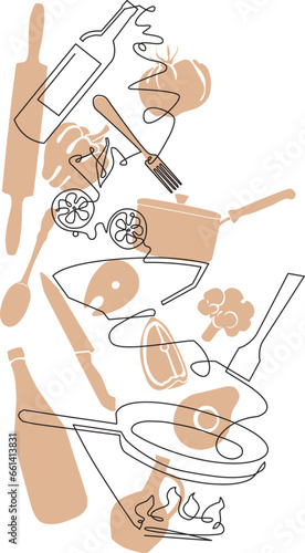 Cooking process art. Meal preparation with food ingredients and utensils in pastel color. Vector illustration.
