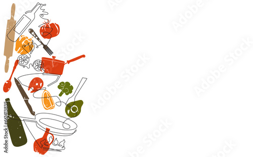 Cooking process vertical art on white  background. Meal preparation with food ingredients and utensils. Vector illustration.