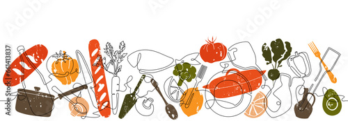 Cooking process on white background. Meal preparation from food ingredients. Vector illustration.