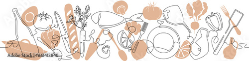 Cooking process at background. Meal preparation with food ingredients and utensils in nude color. Vector culinary illustration.