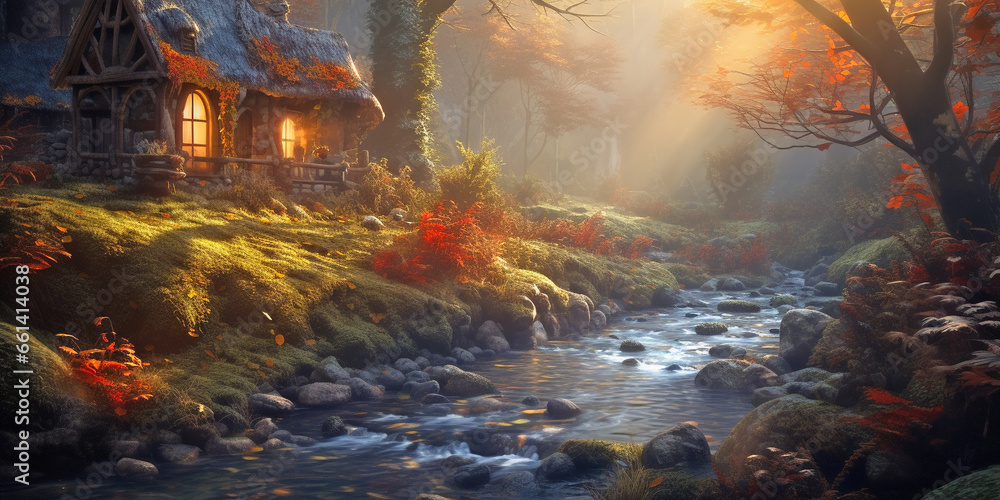 Fototapeta premium A small fairy tale house in dark fantasy autumn forest, miniature woodland cottage made by gnomes and trolls
