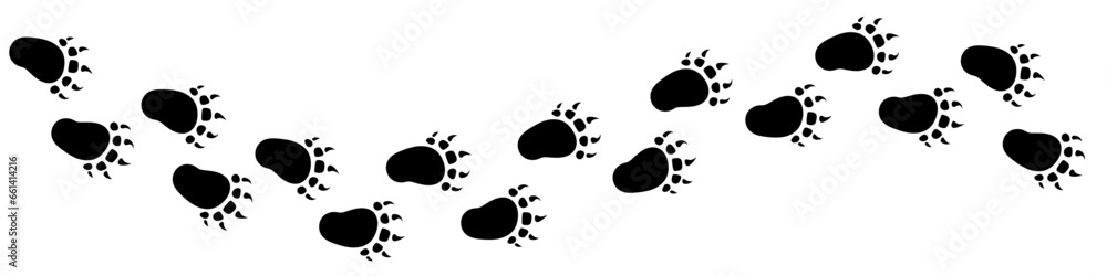 Vector paw trail of bear foot print. Silhouette of grizzly tracks isolated on white background. - obrazy, fototapety, plakaty 