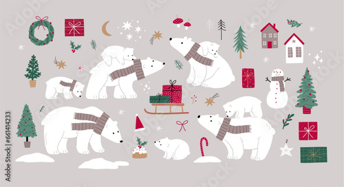 Cute cartoon Christmas bears - mom and baby. Vector illustration with chracter bear in flat style. Holidays print. Winter forest, trees, gifts, bears, baby bear © webmuza