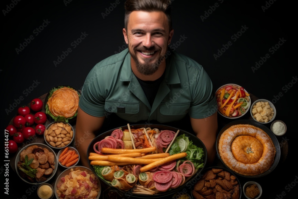 A top view of delectable pizza mouthwatering burger, accompanied by a fast food delivery guy's uniform, Generative AI A top view of delectable pizza mouthwatering burger, accompanied by a fast food delivery guy's uniform, Generative AI