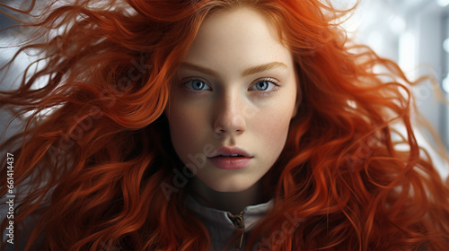 Close-up portrait of a red-haired woman with flying hair looking at the camera.content or banner for a beauty salon