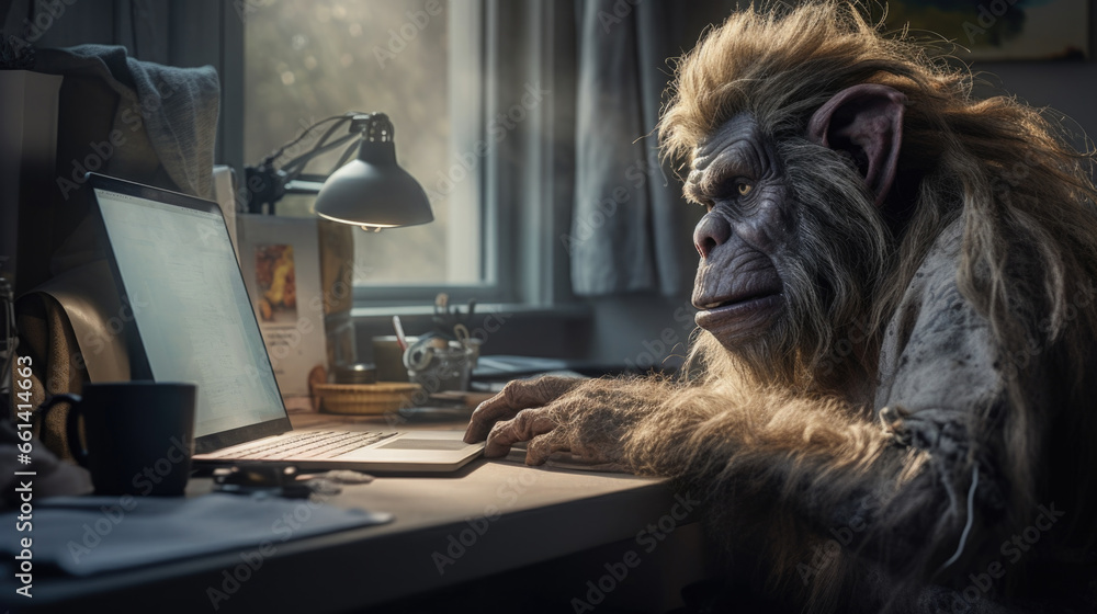 A troll seated at a laptop, symbolizing online abstraction and mockery, reflecting the darker side of the internet - obrazy, fototapety, plakaty 