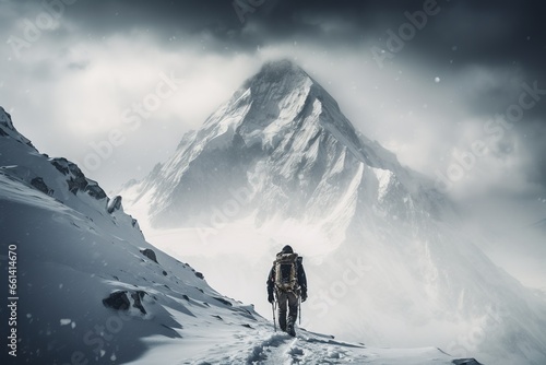 Hiker At The Top Of The Snow Mountain, Everest Summit
