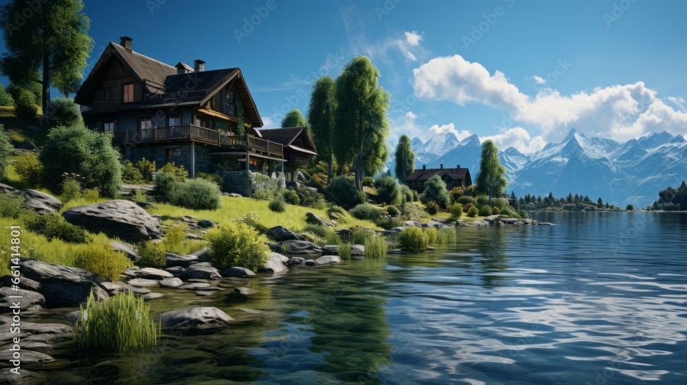 Houses sitting by the lake in a lake, in the style of photo